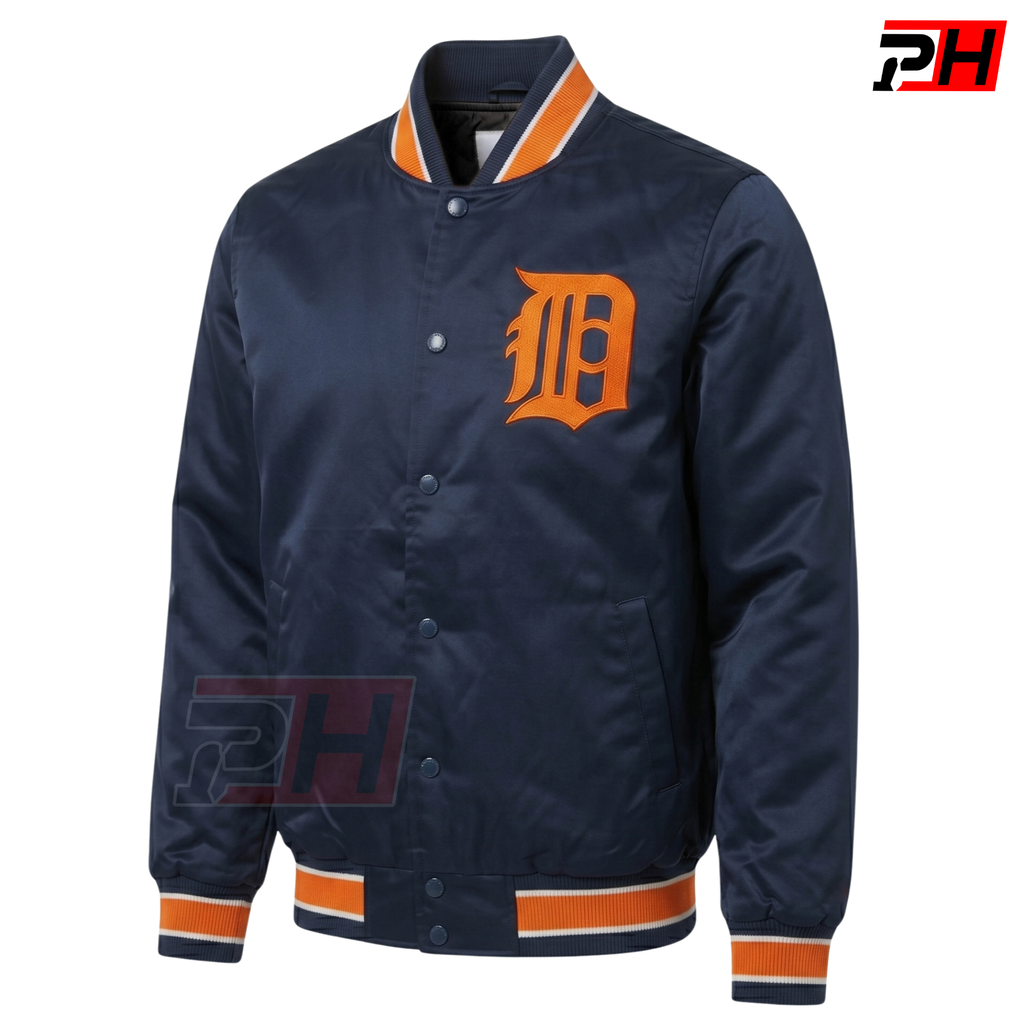 Men's Detroit Tigers Satin Bomber Jacket | Retro Varsity Letterman Coat | Vintage Baseball Fan Apparel | Handmade Athletic Outerwear
