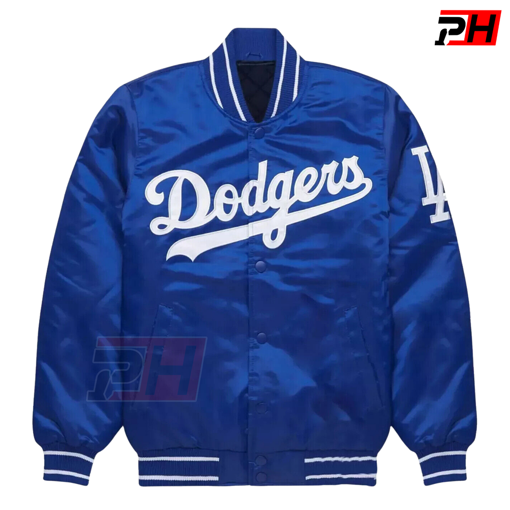 Prime Hide Handmade Los Angeles Dodgers Blue Satin Bomber Jacket Vintage Baseball Varsity Coat