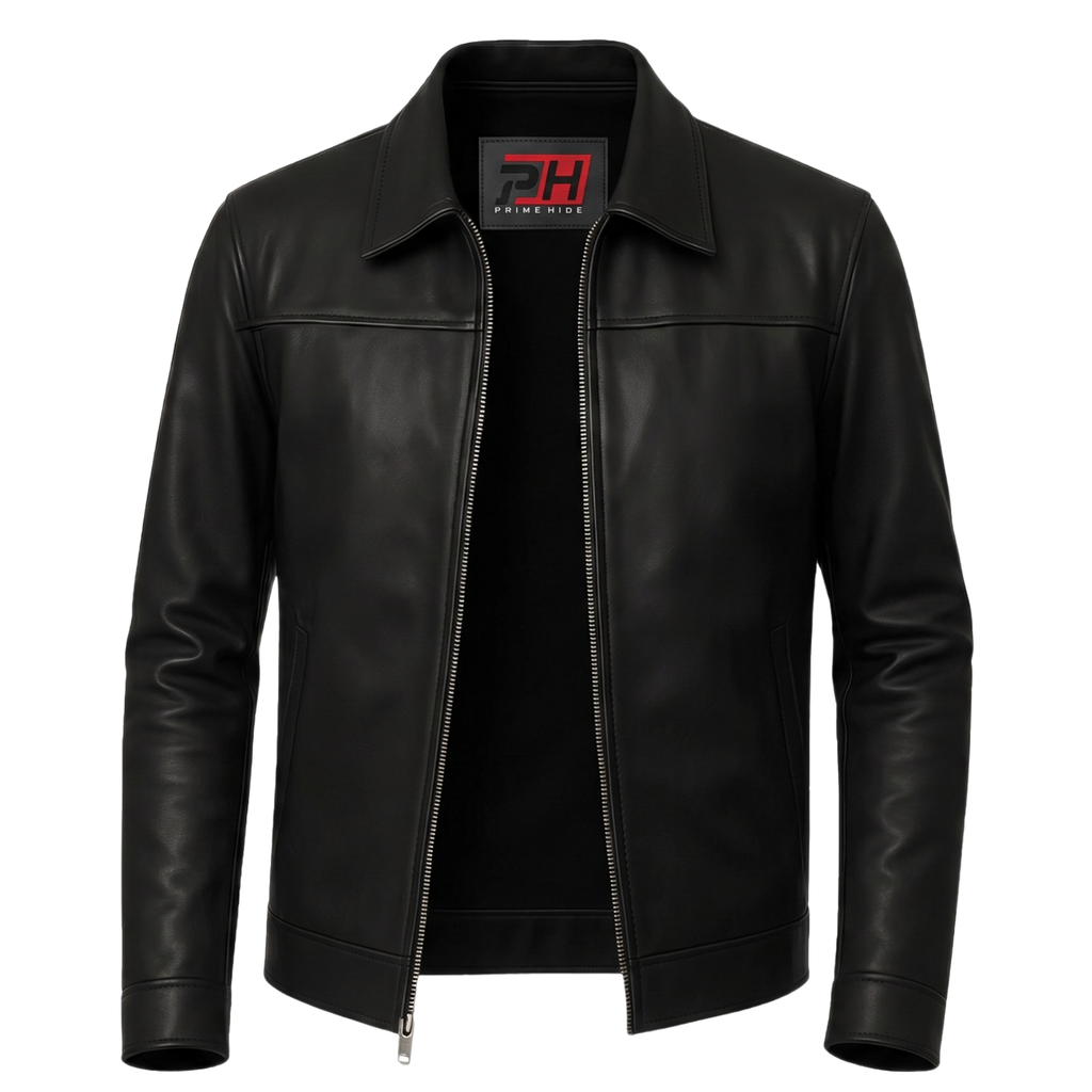 Mark Men's Black Lambskin Leather Jacket | Classic Shirt Collar Zip-Up Coat