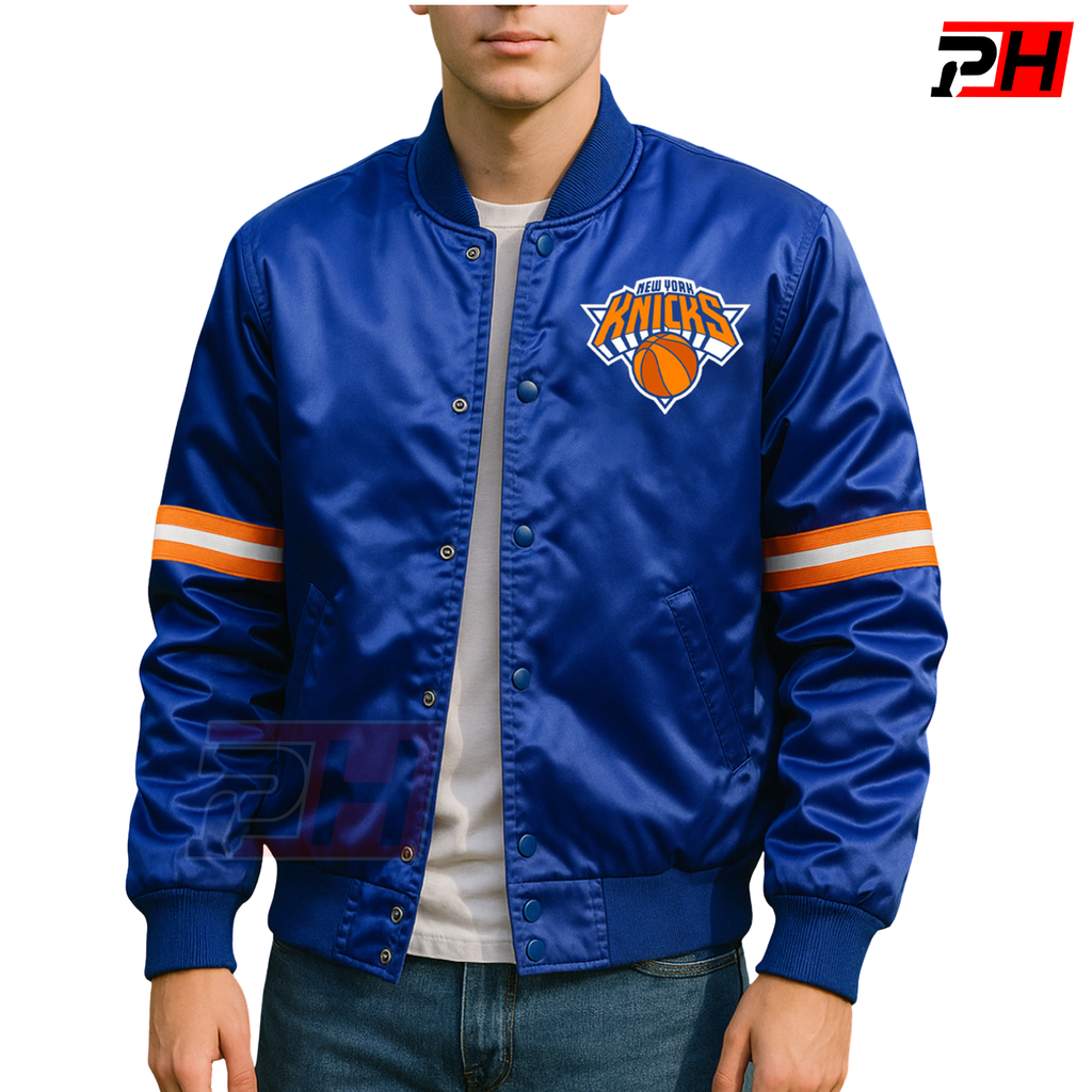 Men's Handmade New York Blue Satin Bomber Jacket | Vintage Knicks Basketball Varsity Coat