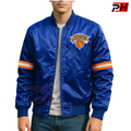 Men's Handmade New York Blue Satin Bomber Jacket | Vintage Knicks Basketball Varsity Coat