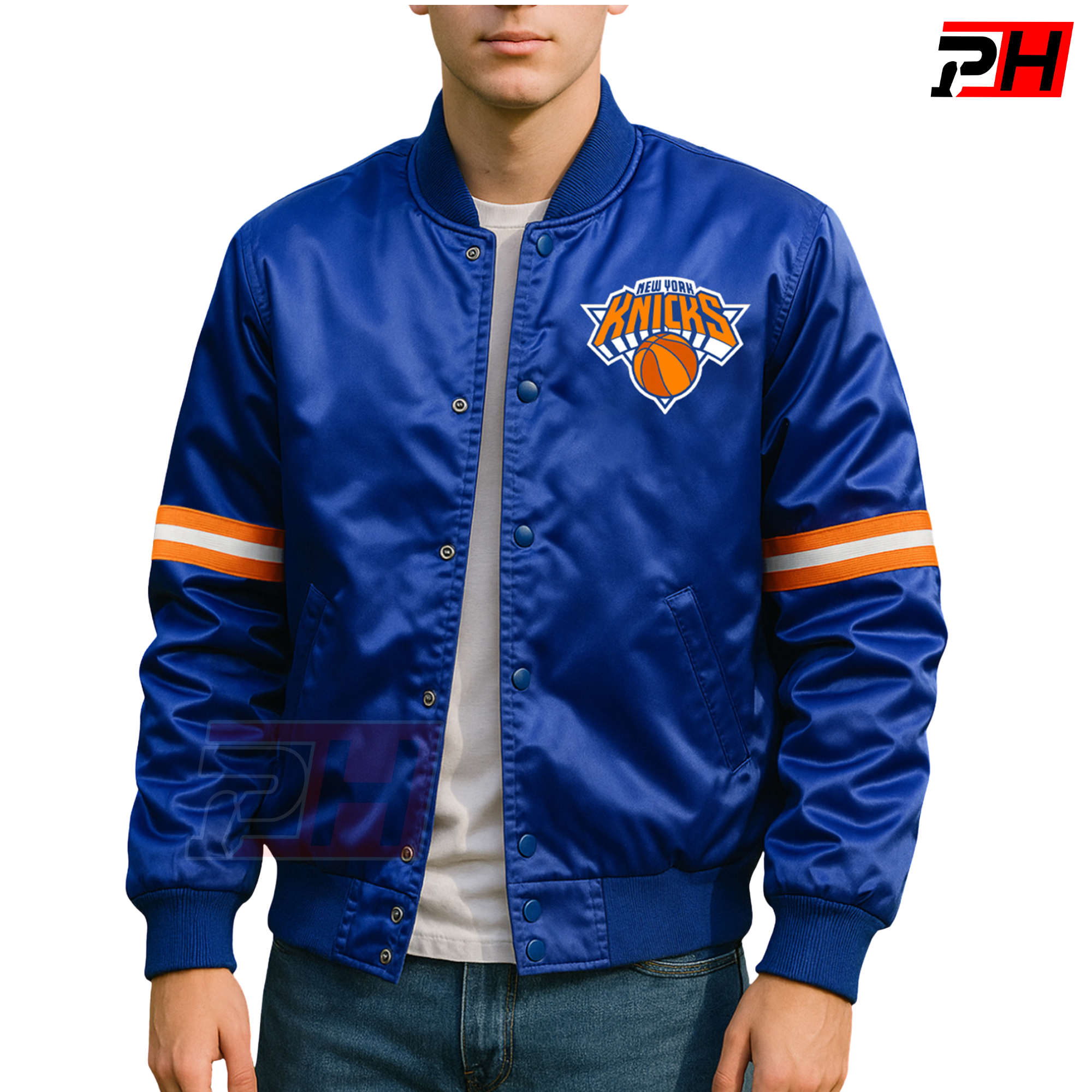 Men's Handmade New York Blue Satin Bomber Jacket | Vintage Knicks Basketball Varsity Coat