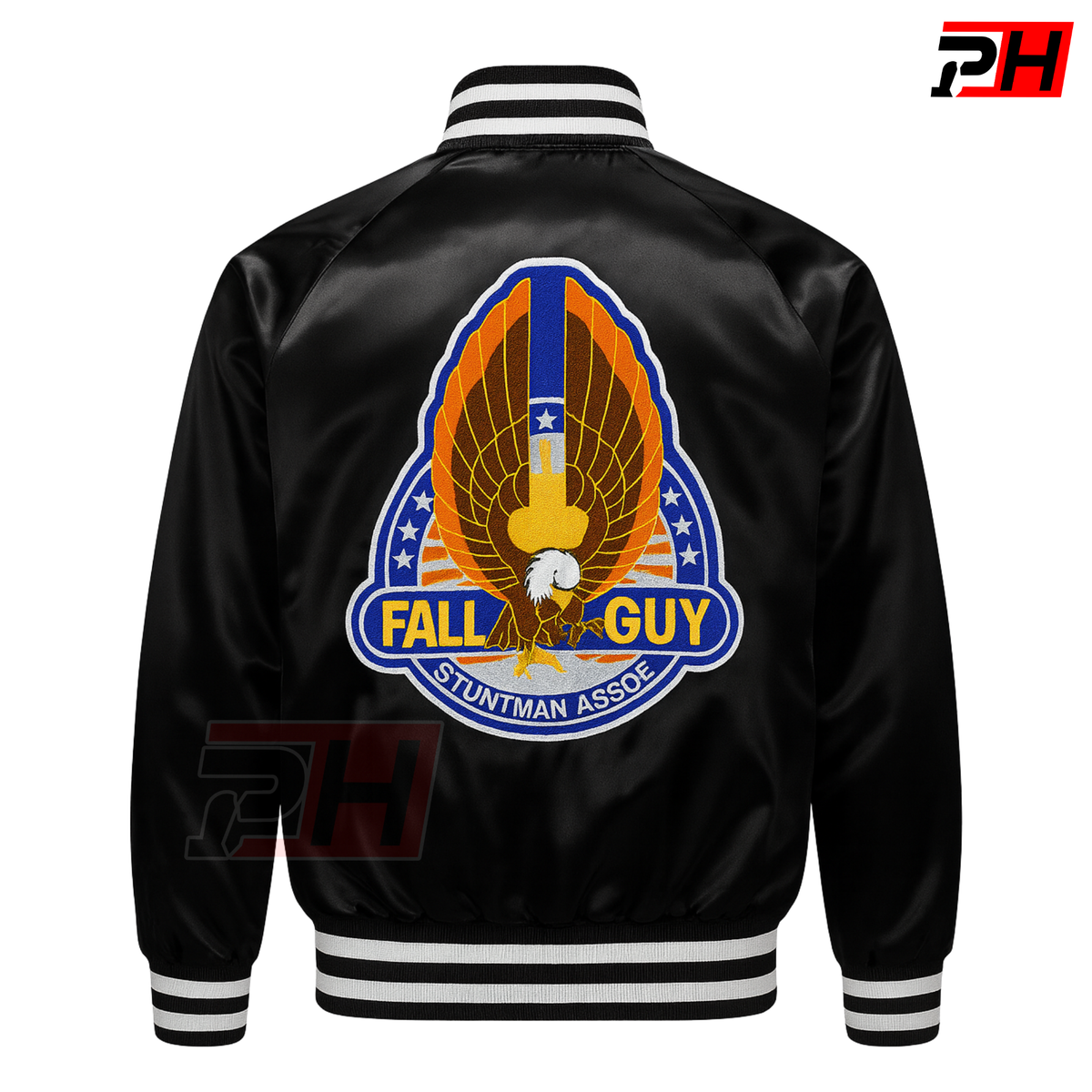 Men's Fall Guy Black Satin Bomber Jacket | Stuntman Cosplay Costume | Vintage Varsity Letterman Coat | Action Movie Fan Apparel