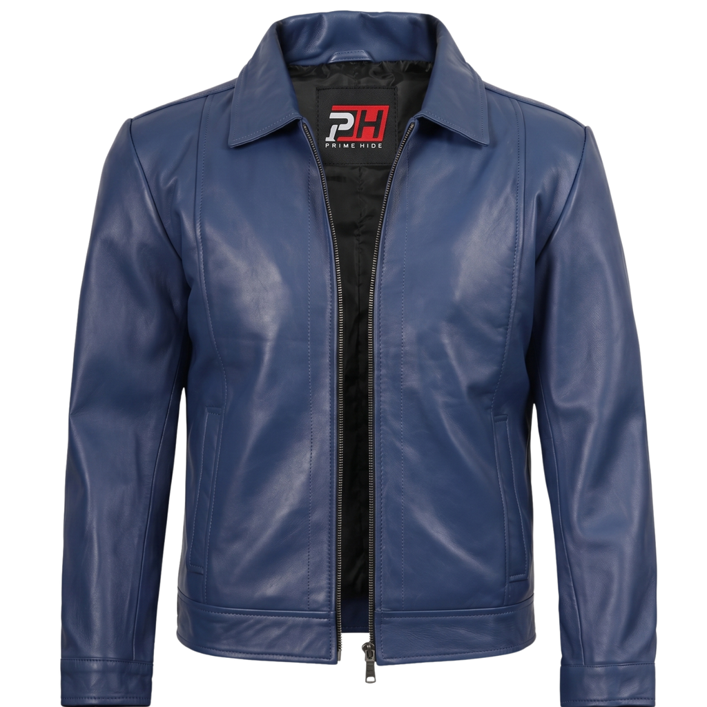 Men's Navy Blue Real Leather Jacket | Everyday Casual Zip-Up Outerwear
