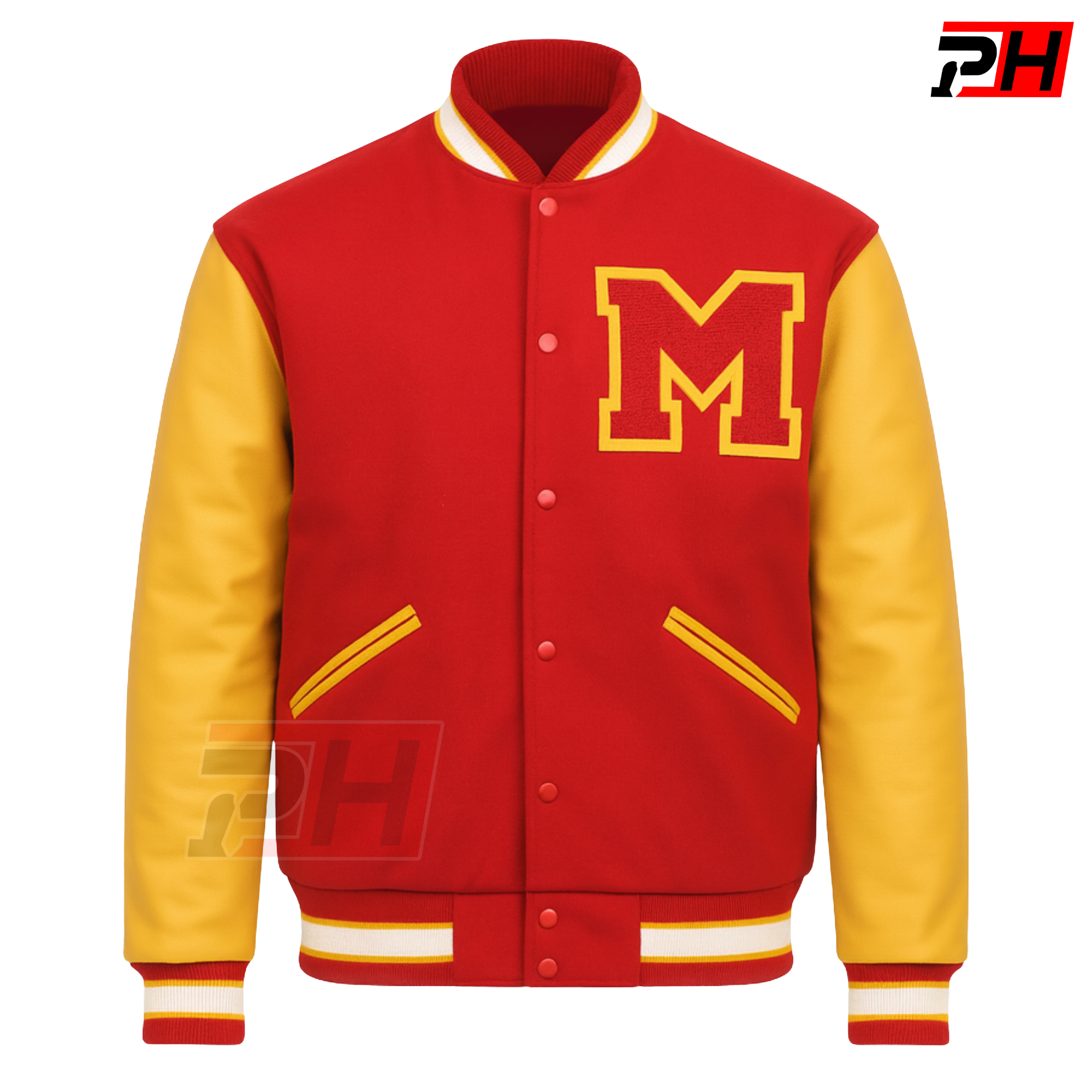 Prime Hide Men's Michael Jackson Thriller Varsity Jacket - Retro Red & Yellow Wool Body with Real Leather Sleeves