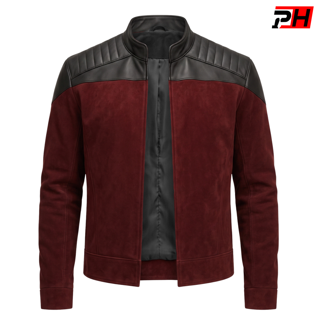 Captain Picard's Inspired Next Generation Red Suede Leather Jacket | Men's Sci-Fi Cosplay Uniform