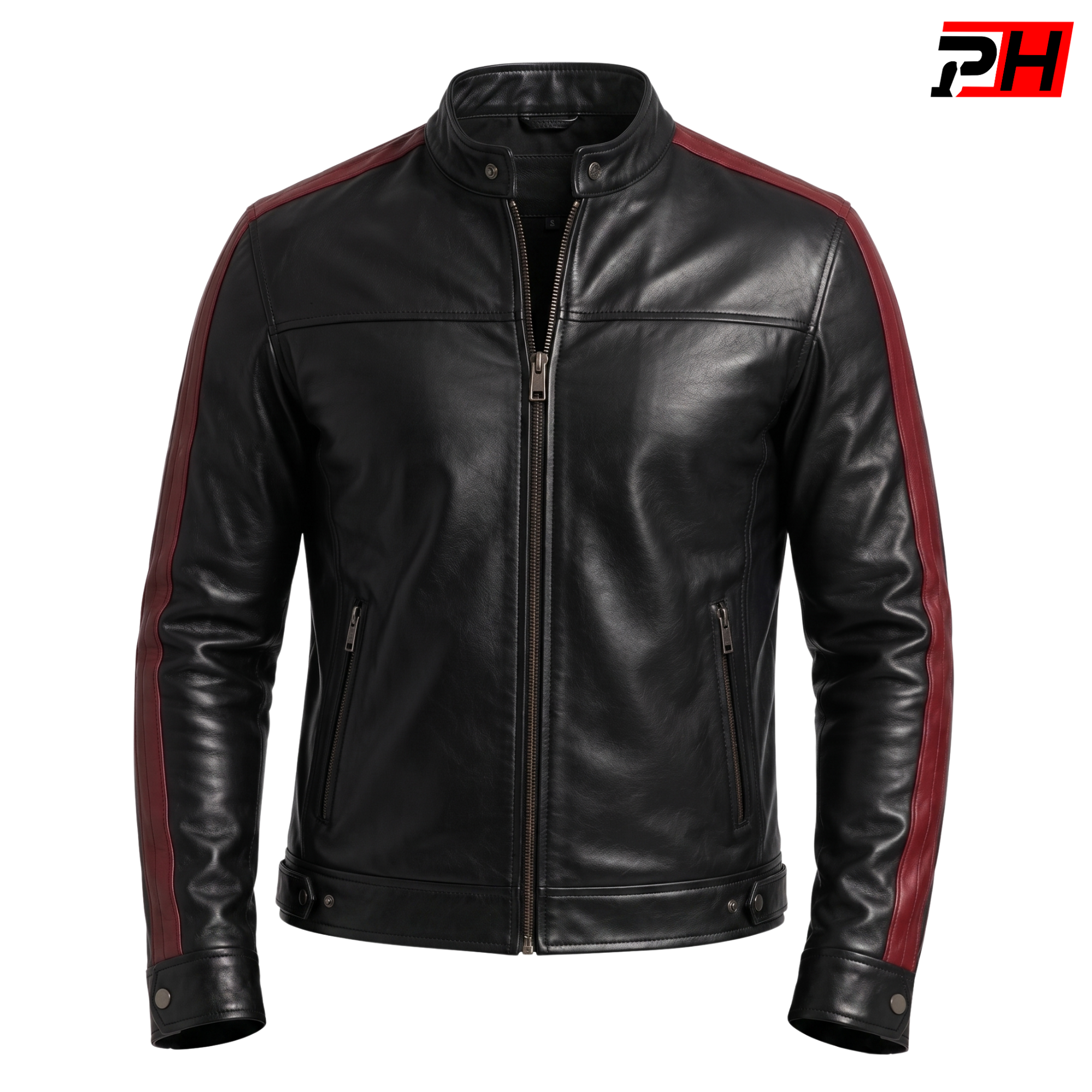 Men's Vintage Black Leather Cafe Racer Jacket | Classic Biker Coat with Red Stripes