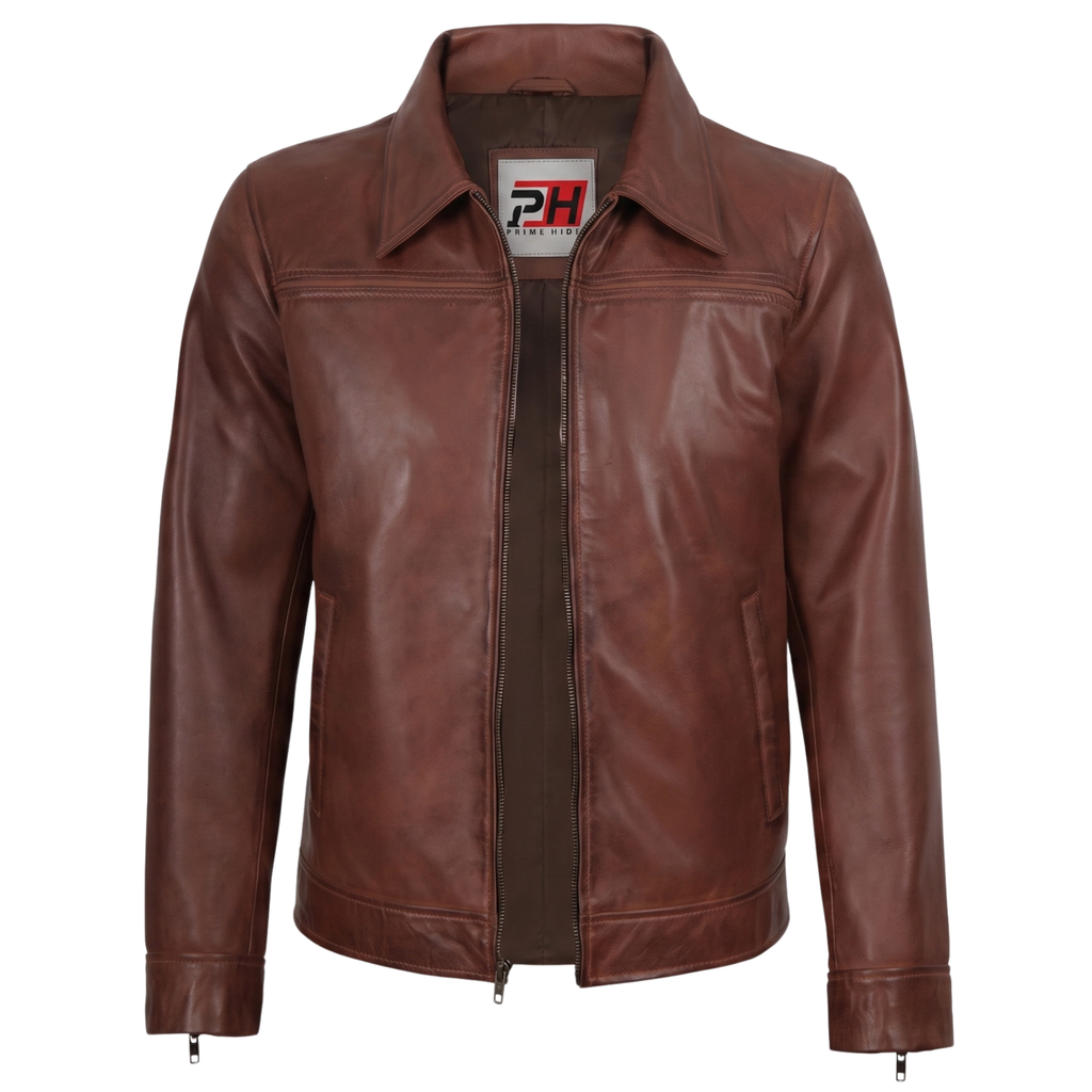 Mark Men's Cognac Brown Lambskin Leather Jacket | Classic Shirt Collar Zip-Up Coat
