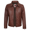 Mark Men's Cognac Brown Lambskin Leather Jacket | Classic Shirt Collar Zip-Up Coat