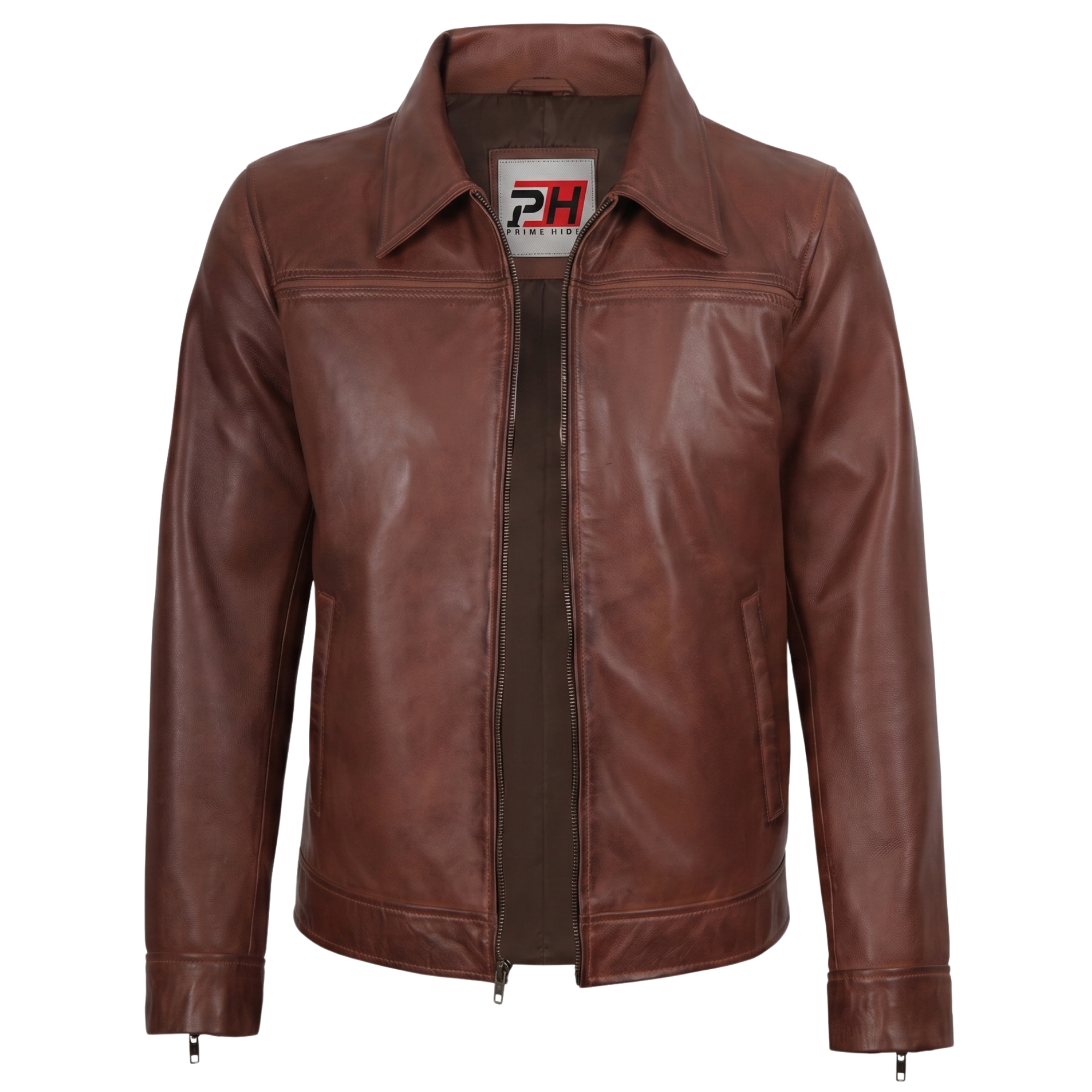 Mark Men's Cognac Brown Lambskin Leather Jacket | Classic Shirt Collar Zip-Up Coat