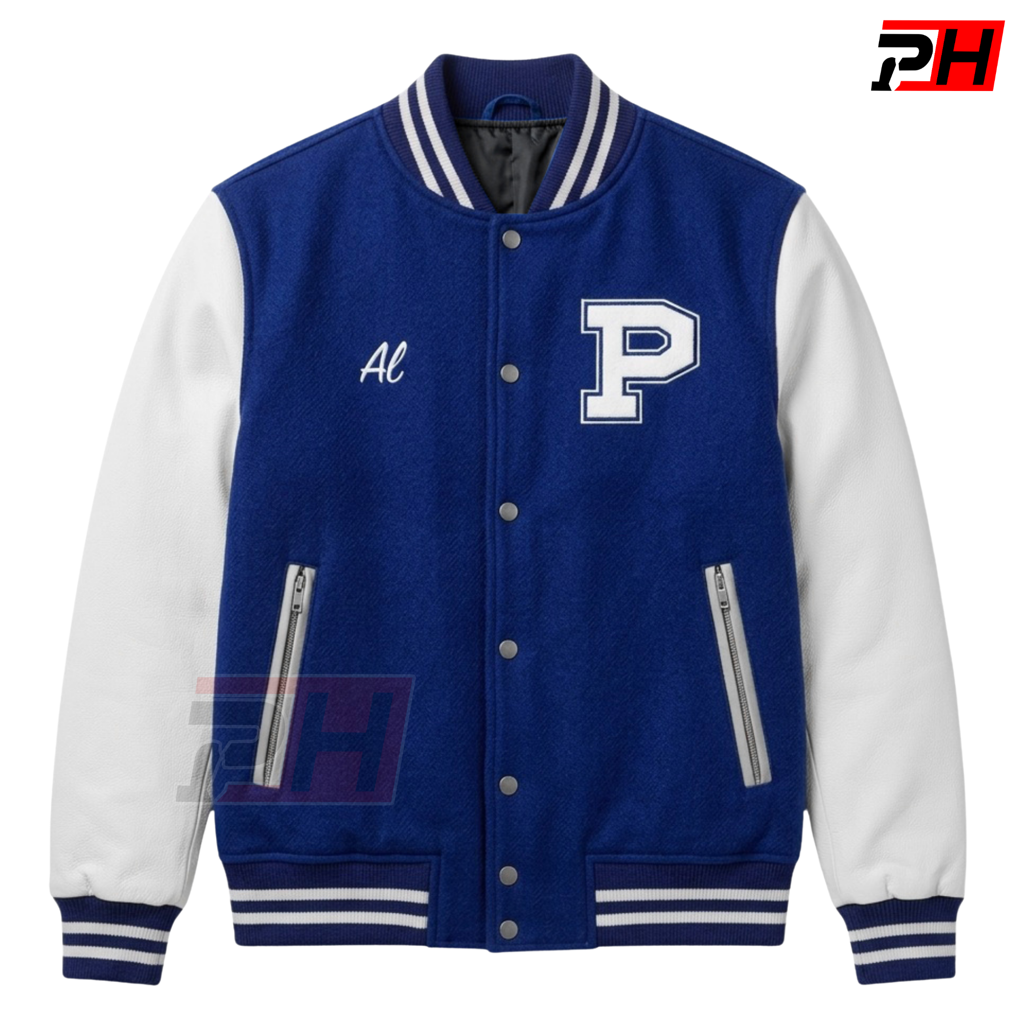 Men's Custom Polk High Varsity Jacket | Blue & White Retro 80s Letterman Bomber Coat