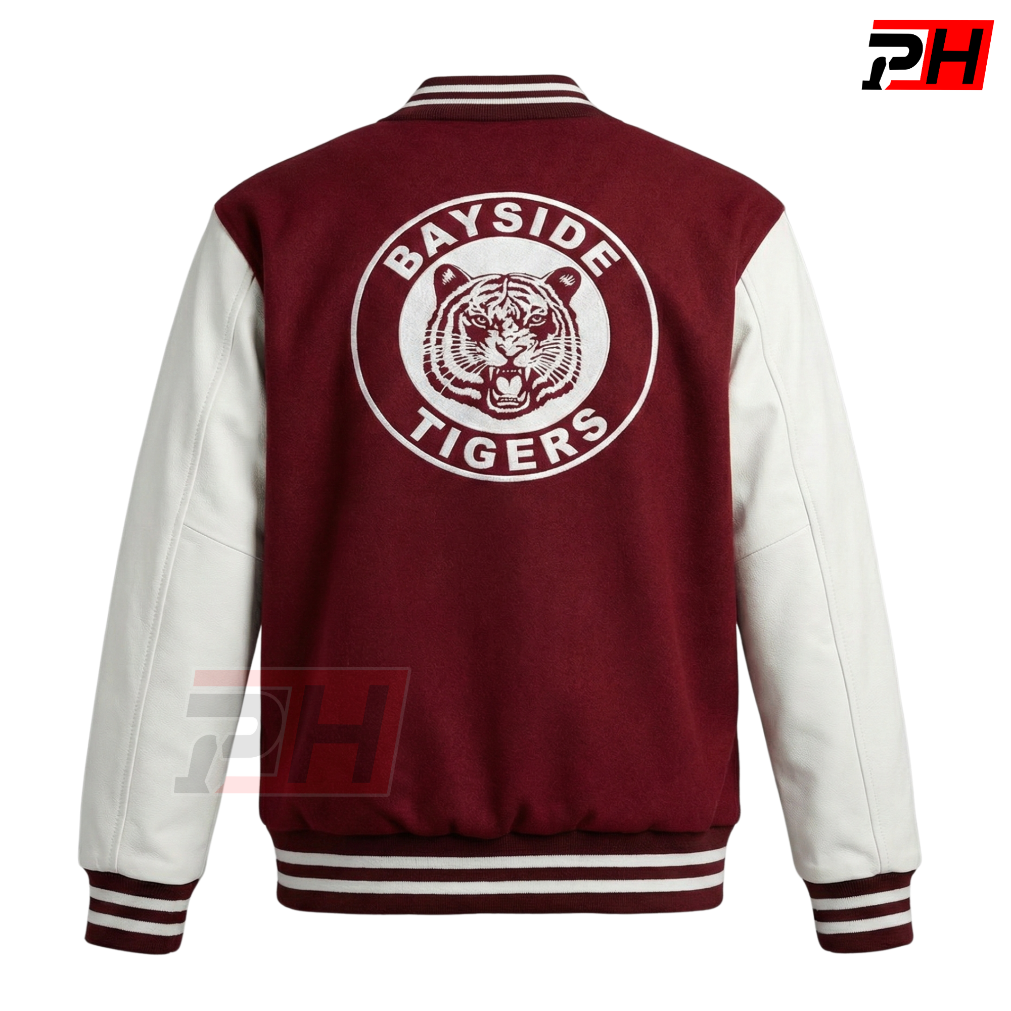 Men's Bayside High Varsity Letterman Jacket | 90s Retro Tiger Burgundy Bomber Coat | Vintage Sitcom Cosplay Costume | High School Baseball Outerwear