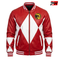 Red Ranger Leather Bomber Jacket, Power Rangers Cosplay Apparel, 90s Nostalgia T-Rex Varsity Coat, Geek Streetwear, Gift for Him