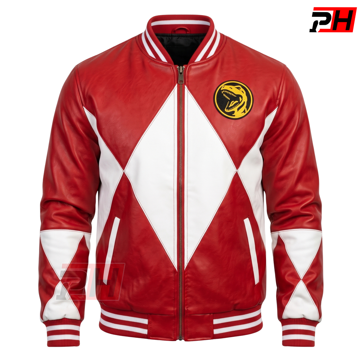 Red Ranger Leather Bomber Jacket, Power Rangers Cosplay Apparel, 90s Nostalgia T-Rex Varsity Coat, Geek Streetwear, Gift for Him