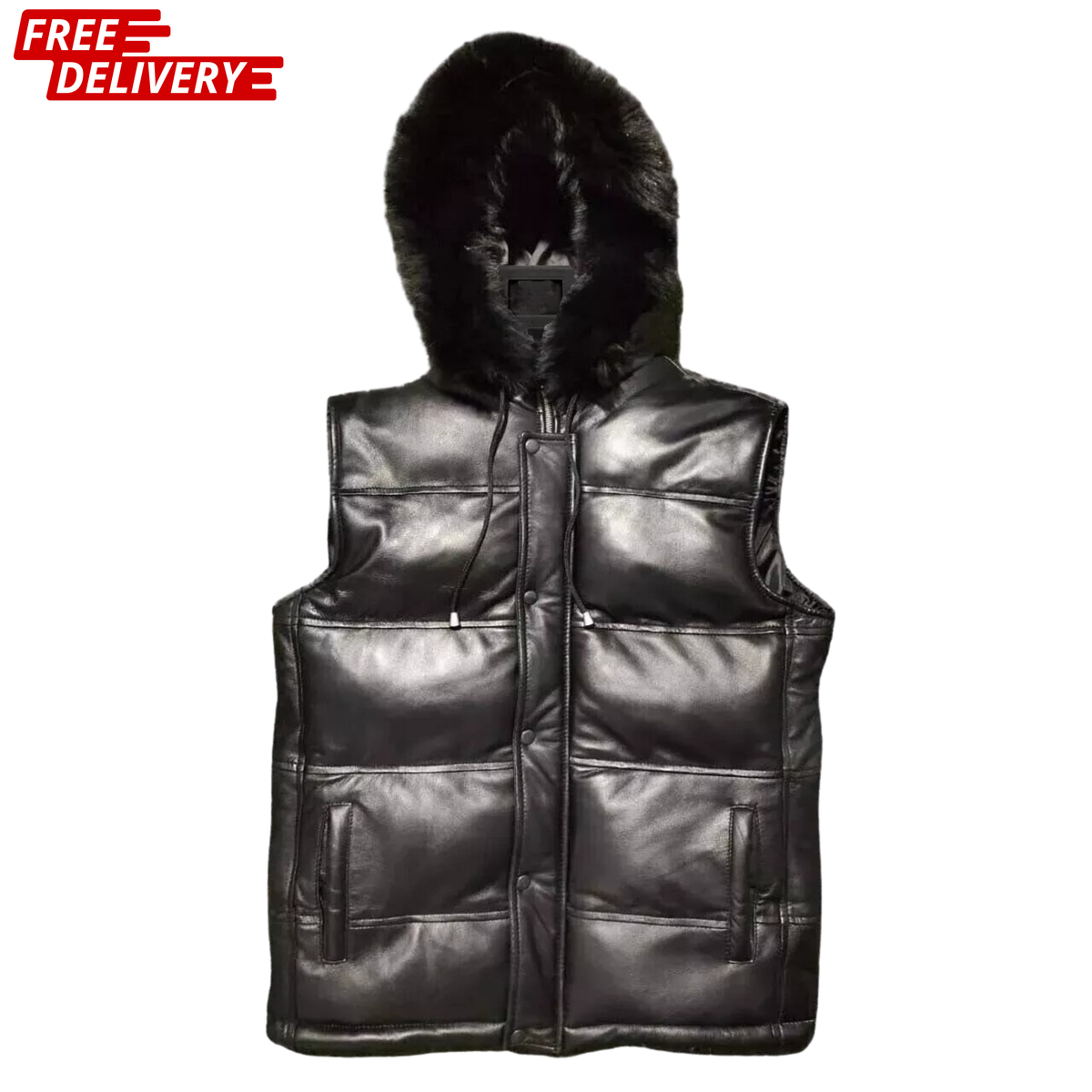 Men's Black Leather Puffer Vest | Hooded Sleeveless Winter Jacket