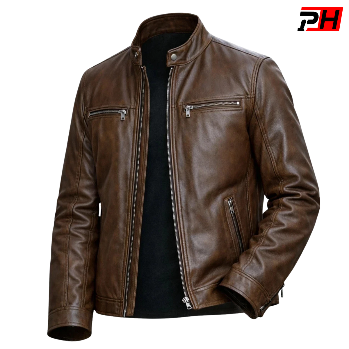 Men's Distressed Brown Genuine Leather Cafe Racer Jacket | Vintage Motorcycle Biker Outerwear Coat