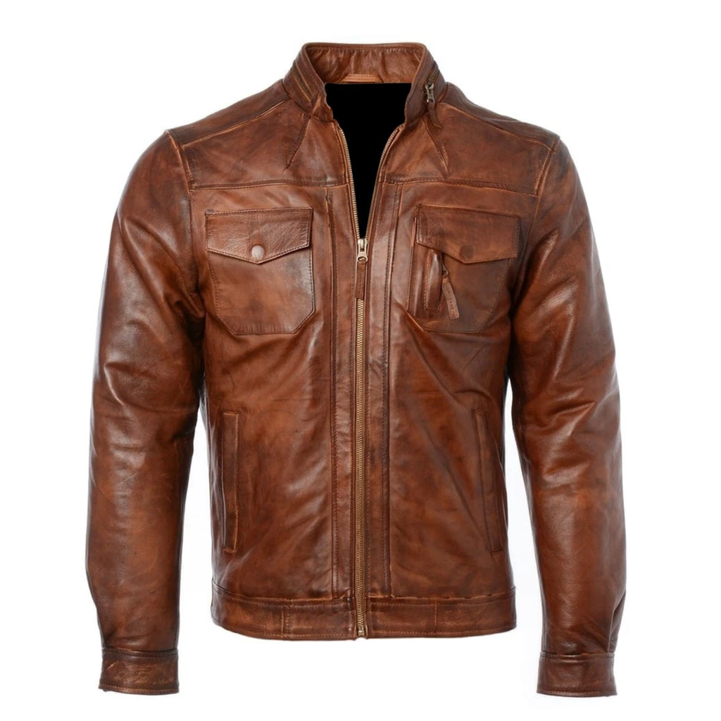 Men's Retro Brown Leather Motorcycle Jacket | Distressed Vintage Cafe Racer Slim Fit Biker Jacket