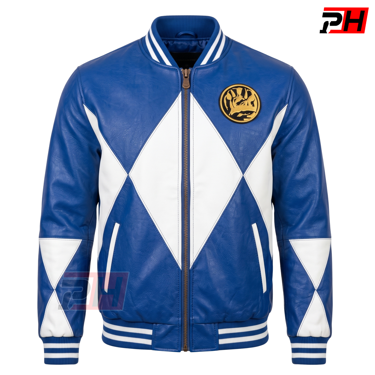 Men's Billy Cranston Blue Ranger Leather Jacket | 90s Triceratops Cosplay Varsity Coat