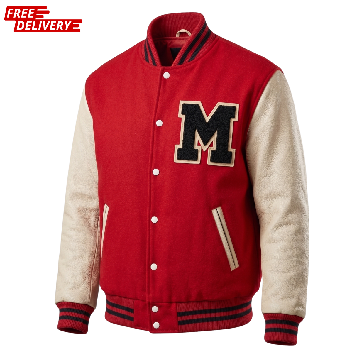Men's Classic Red & Cream Varsity Jacket | Vintage "M" Letterman Bomber