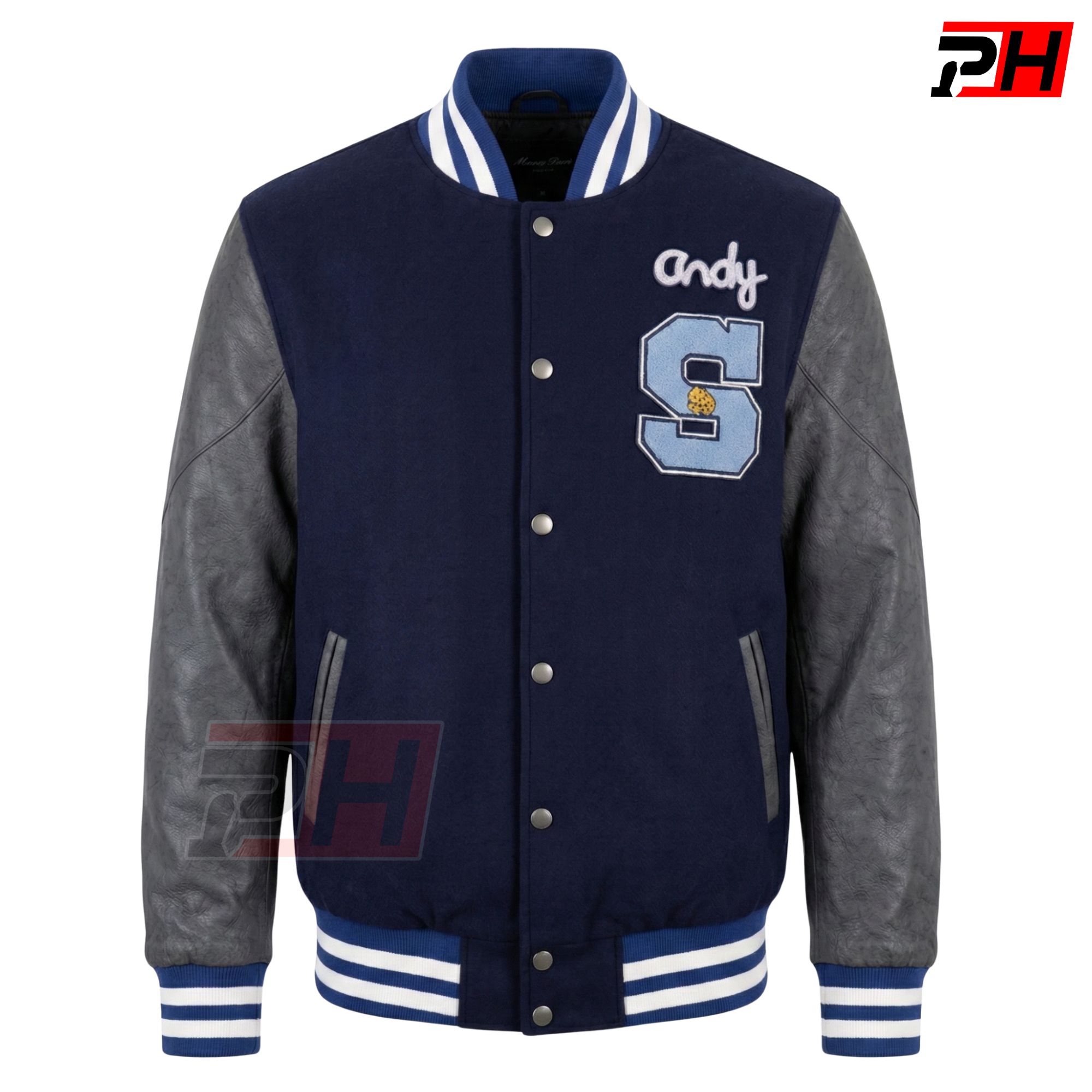 Men's Andrew Clark Blue Varsity Jacket | Shermer High School Letterman Coat | 80s Retro Cinematic Cosplay Bomber | Vintage Baseball Outerwear