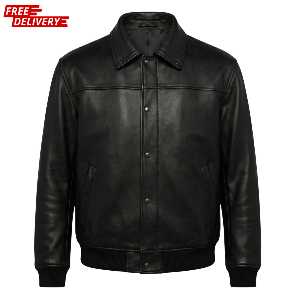 Men's Classic Black Leather Bomber Jacket | Vintage Aviator Snap-Button Coat