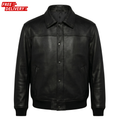 Men's Classic Black Leather Bomber Jacket | Vintage Aviator Snap-Button Coat