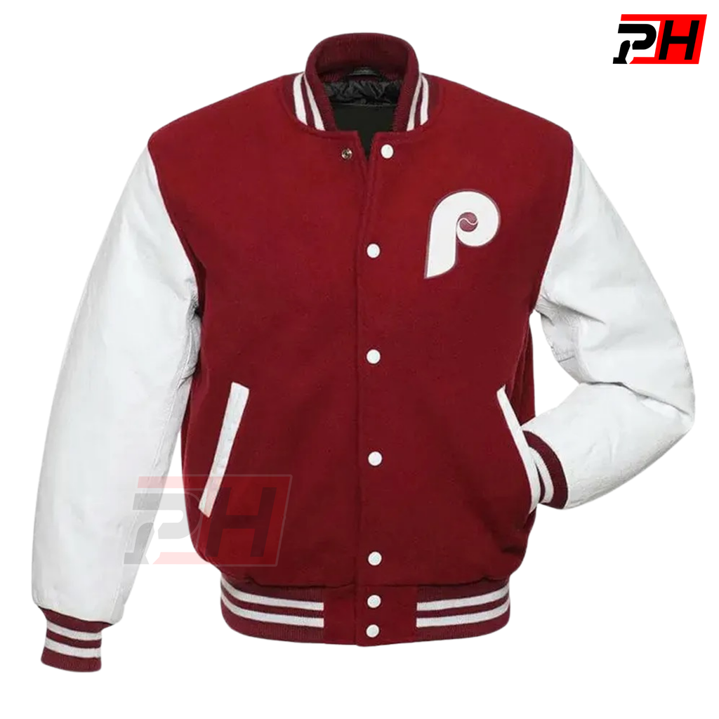 Maroon Philadelphia Baseball Varsity Jacket | Wool & White Leather Retro Letterman Bomber Men
