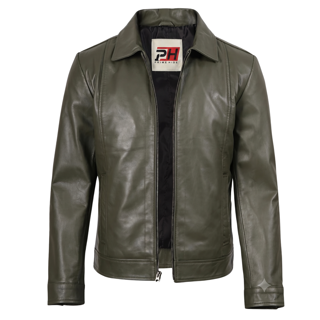 Men's Olive Green Leather Jacket | Genuine Leather & Faux Zip-Up Coat