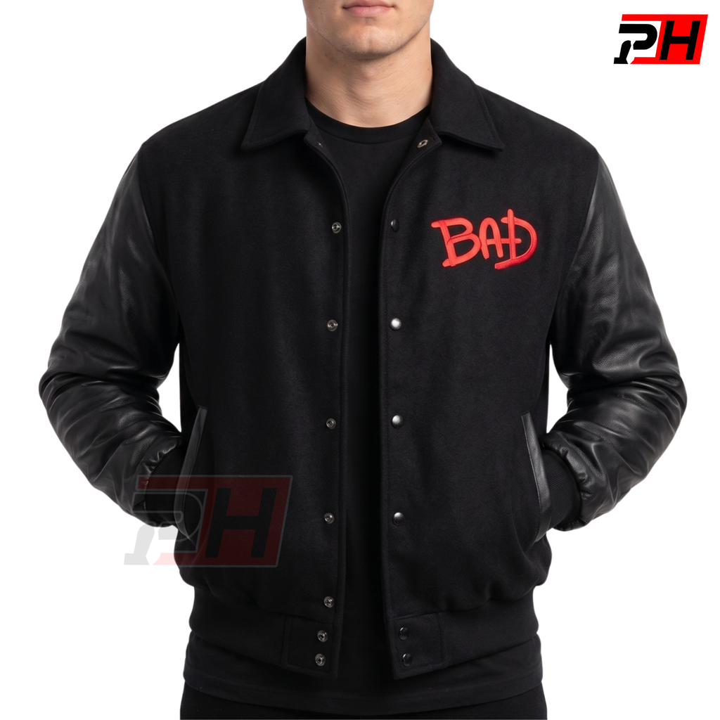 Men's Retro 80s Pop Star Tour Varsity Jacket | Black Leather Sleeve Bomber | Dancer Silhouette Letterman Coat | Vintage Pop Icon Apparel