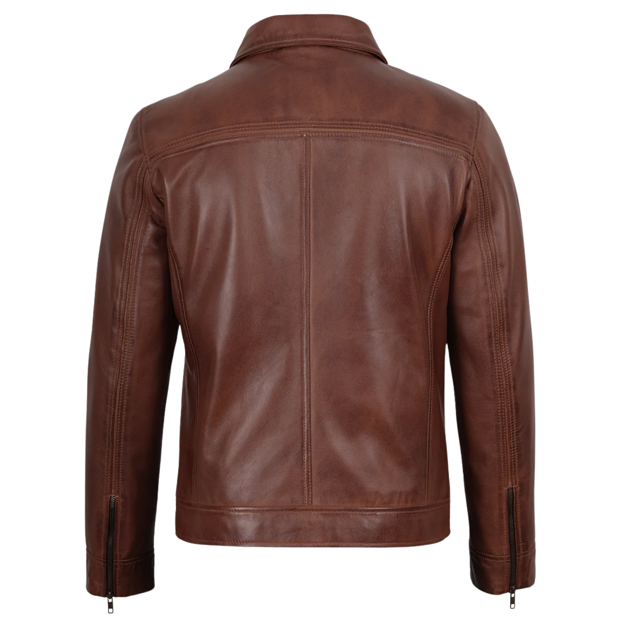 Mark Men's Cognac Brown Lambskin Leather Jacket | Classic Shirt Collar Zip-Up Coat
