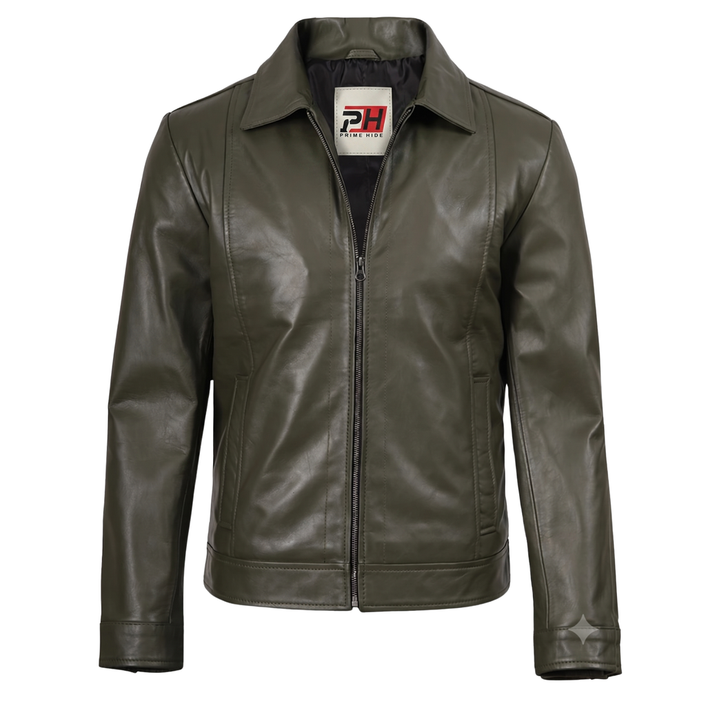 Men's Olive Green Leather Jacket | Genuine Leather & Faux Zip-Up Coat