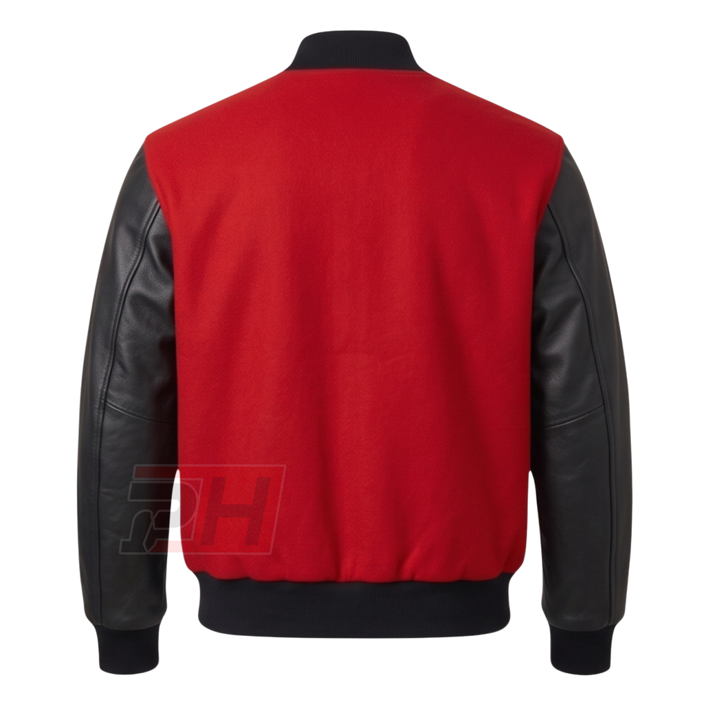Men's Colin Jost Varsity Jacket | SNL Red Wool & Black Leather Bomber | Saturday Night Live Celebrity Letterman Coat | Custom Baseball Outerwear