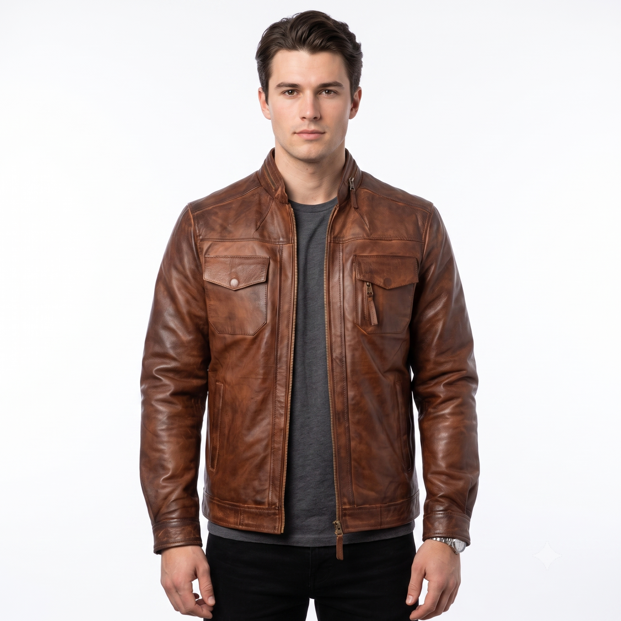 Men's Retro Brown Leather Motorcycle Jacket | Distressed Vintage Cafe Racer Slim Fit Biker Jacket