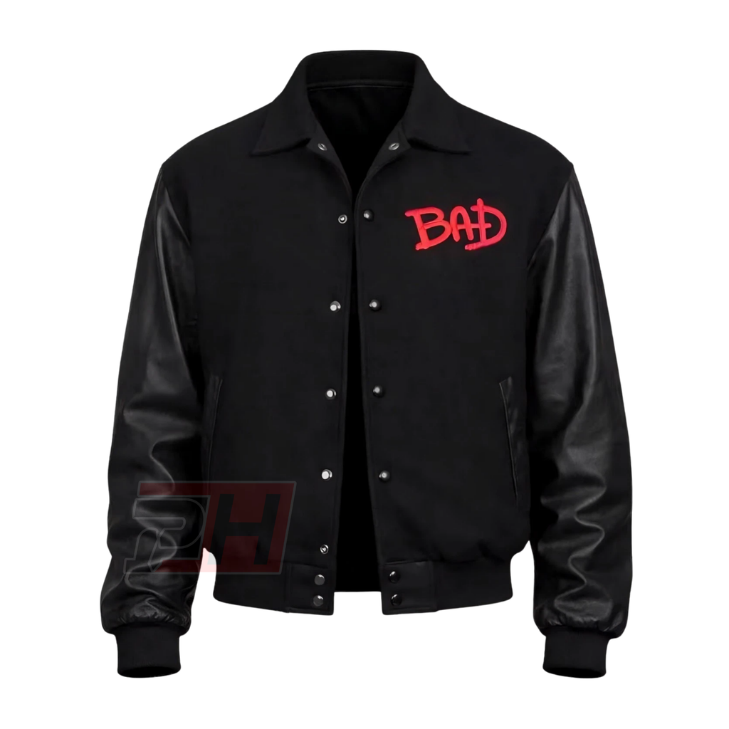 Men's Retro 80s Pop Star Tour Varsity Jacket | Black Leather Sleeve Bomber | Dancer Silhouette Letterman Coat | Vintage Pop Icon Apparel