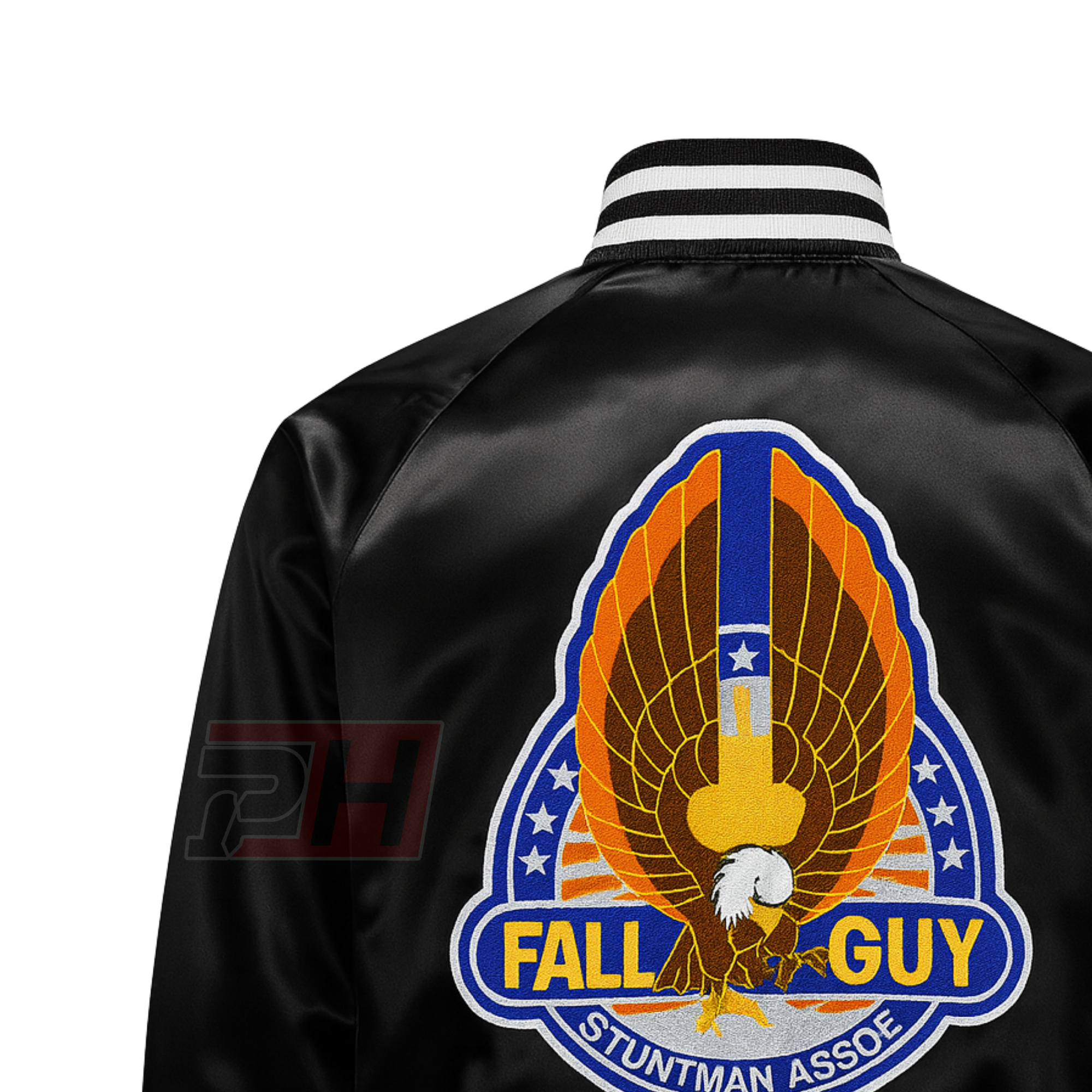 Men's Fall Guy Black Satin Bomber Jacket | Stuntman Cosplay Costume | Vintage Varsity Letterman Coat | Action Movie Fan Apparel