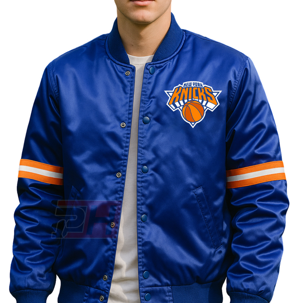 Men's Handmade New York Blue Satin Bomber Jacket | Vintage Knicks Basketball Varsity Coat