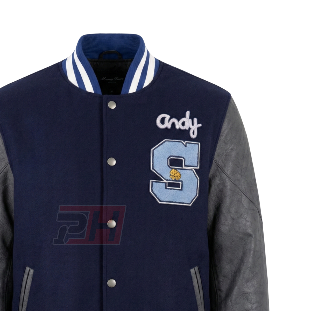 Men's Andrew Clark Blue Varsity Jacket | Shermer High School Letterman Coat | 80s Retro Cinematic Cosplay Bomber | Vintage Baseball Outerwear