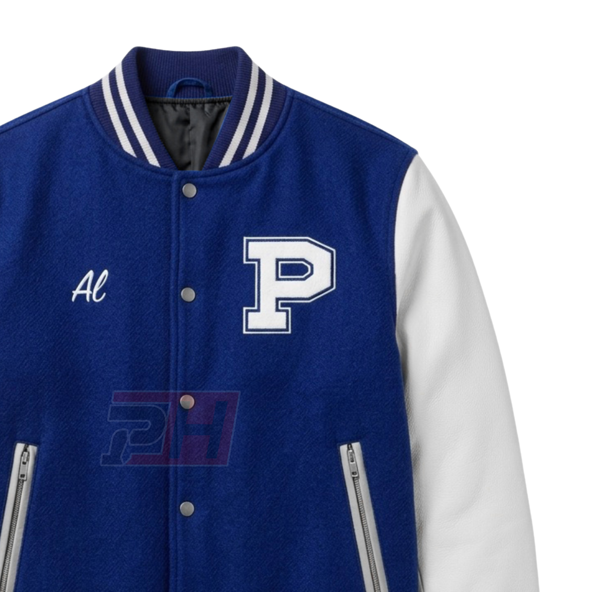 Men's Custom Polk High Varsity Jacket | Blue & White Retro 80s Letterman Bomber Coat