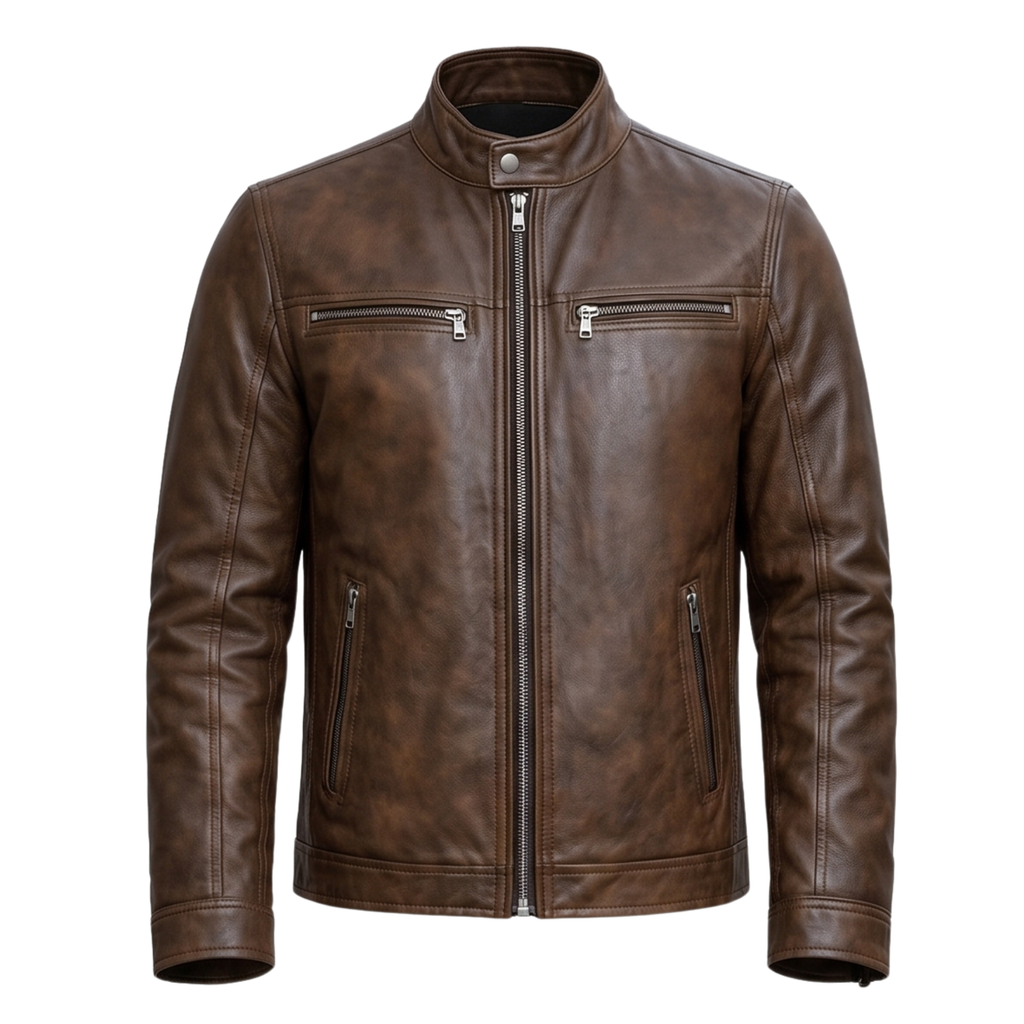 Men's Distressed Brown Genuine Leather Cafe Racer Jacket | Vintage Motorcycle Biker Outerwear Coat