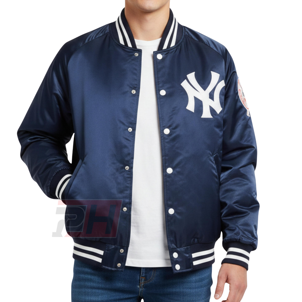 Men's New York Satin Bomber Jacket | Retro Varsity Letterman Coat | Vintage NY Baseball Outerwear | Handmade Athletic Apparel