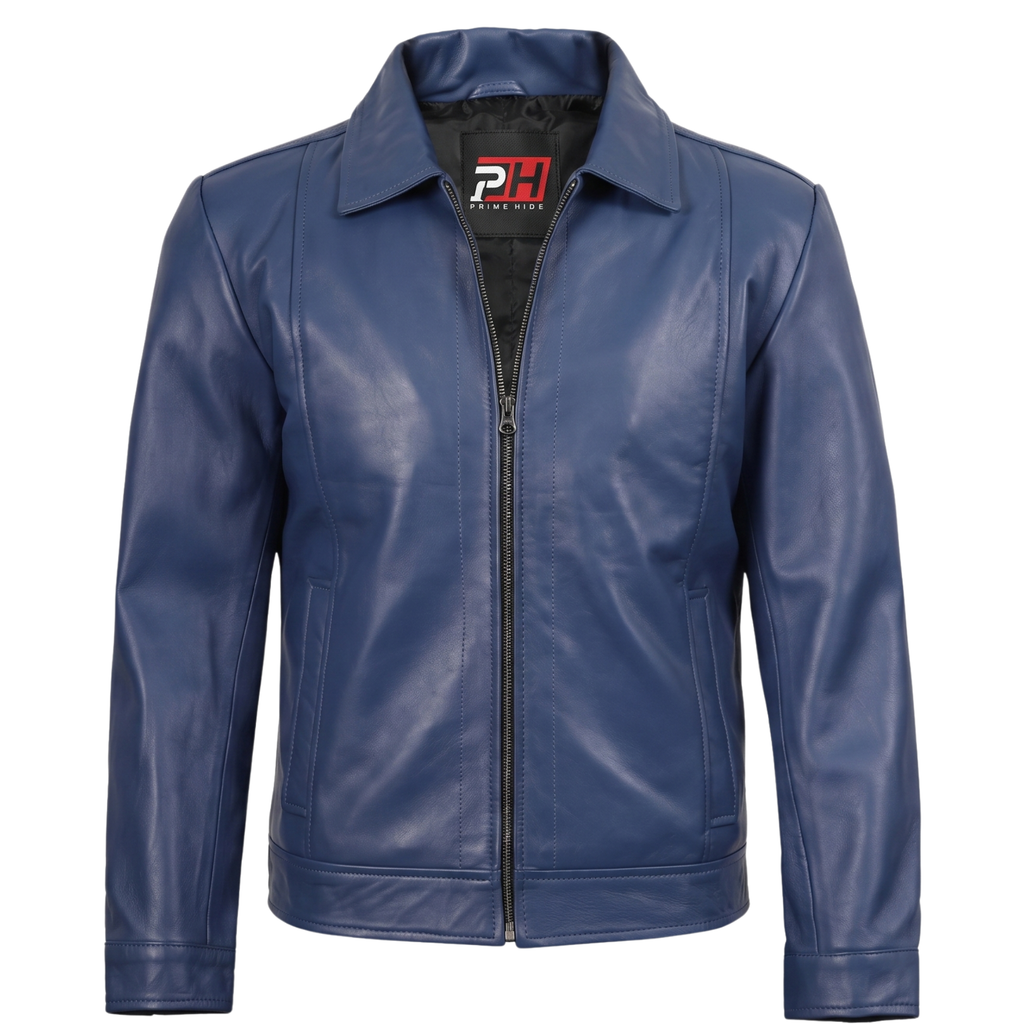 Men's Navy Blue Real Leather Jacket | Everyday Casual Zip-Up Outerwear