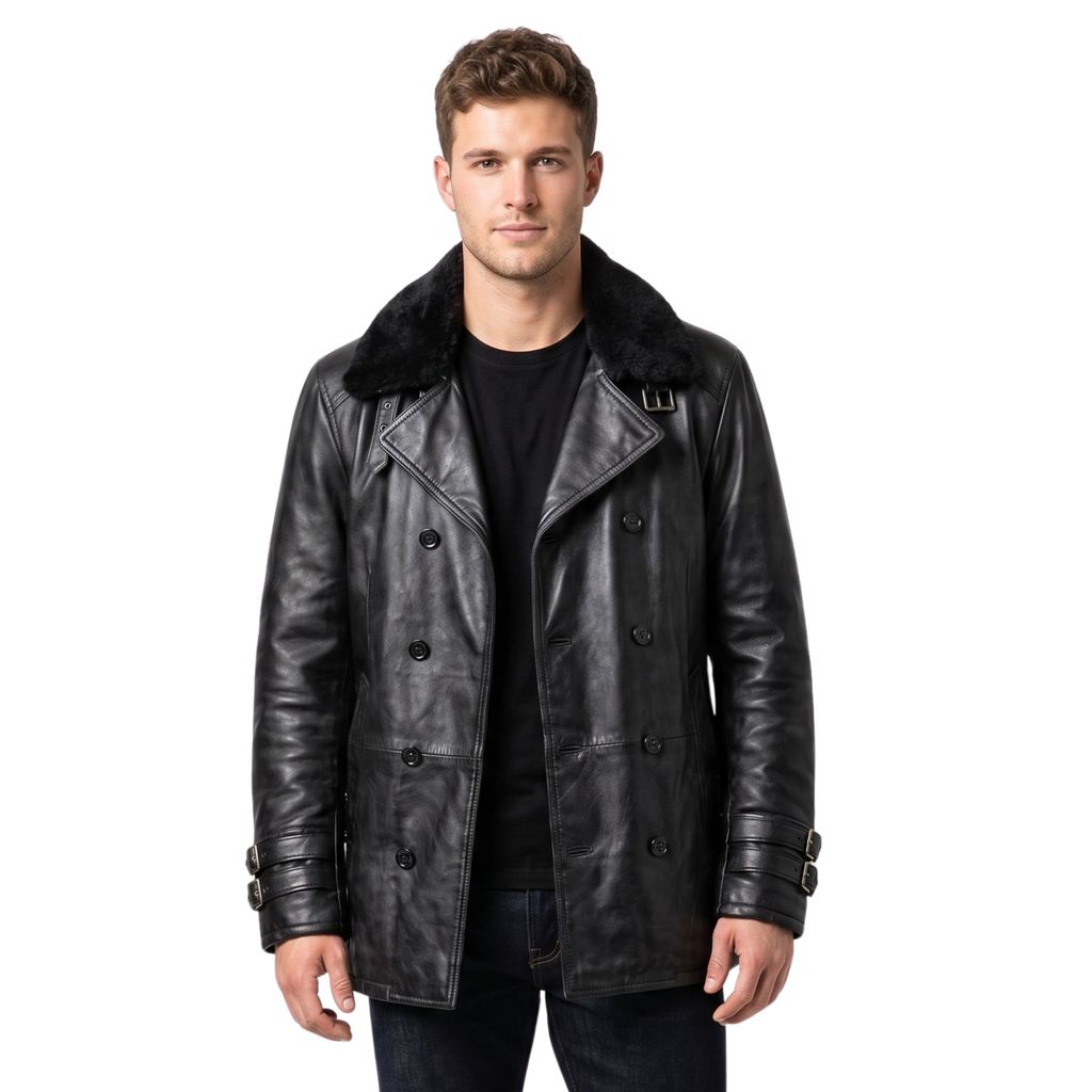 Men's RE9 Inspired Black Leather Jacket | Resident Evil 2026 Cosplay Coat | Double Breasted Fur Collar