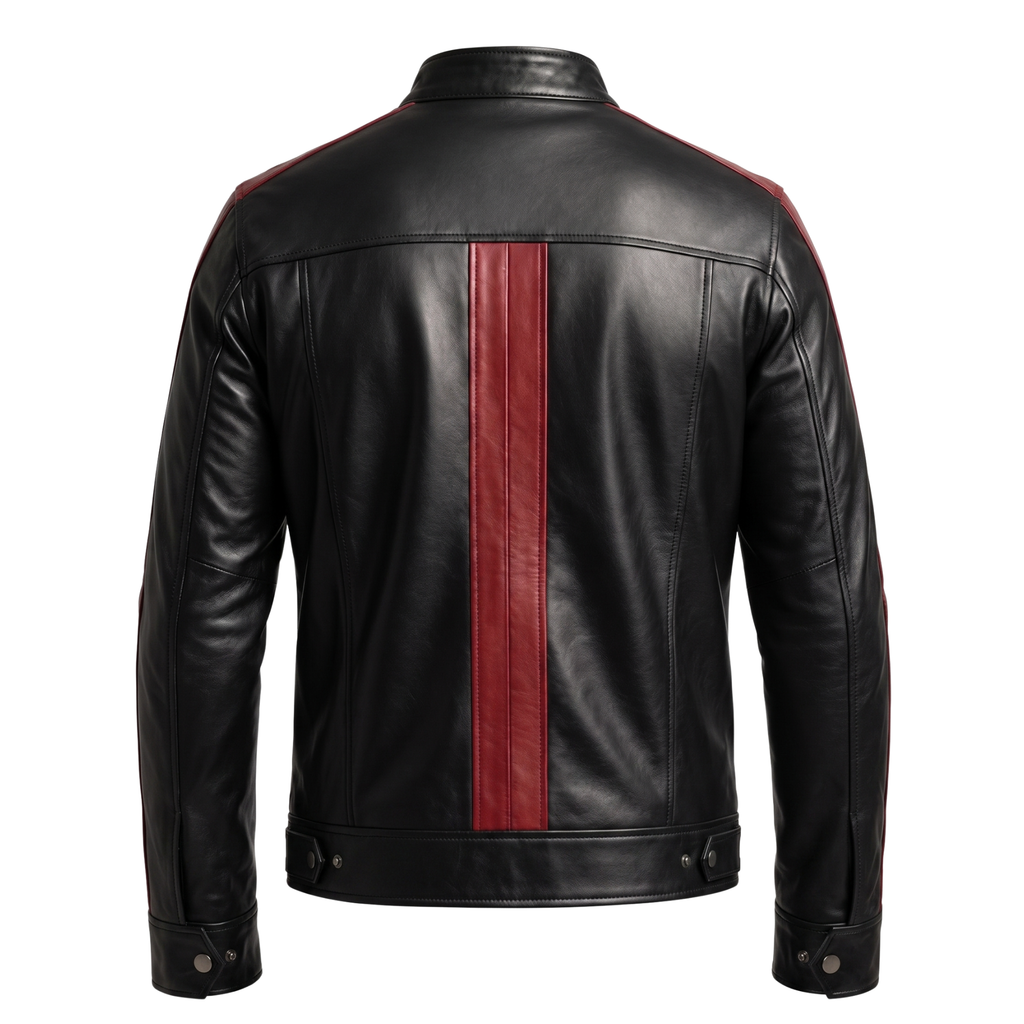 Men's Vintage Black Leather Cafe Racer Jacket | Classic Biker Coat with Red Stripes