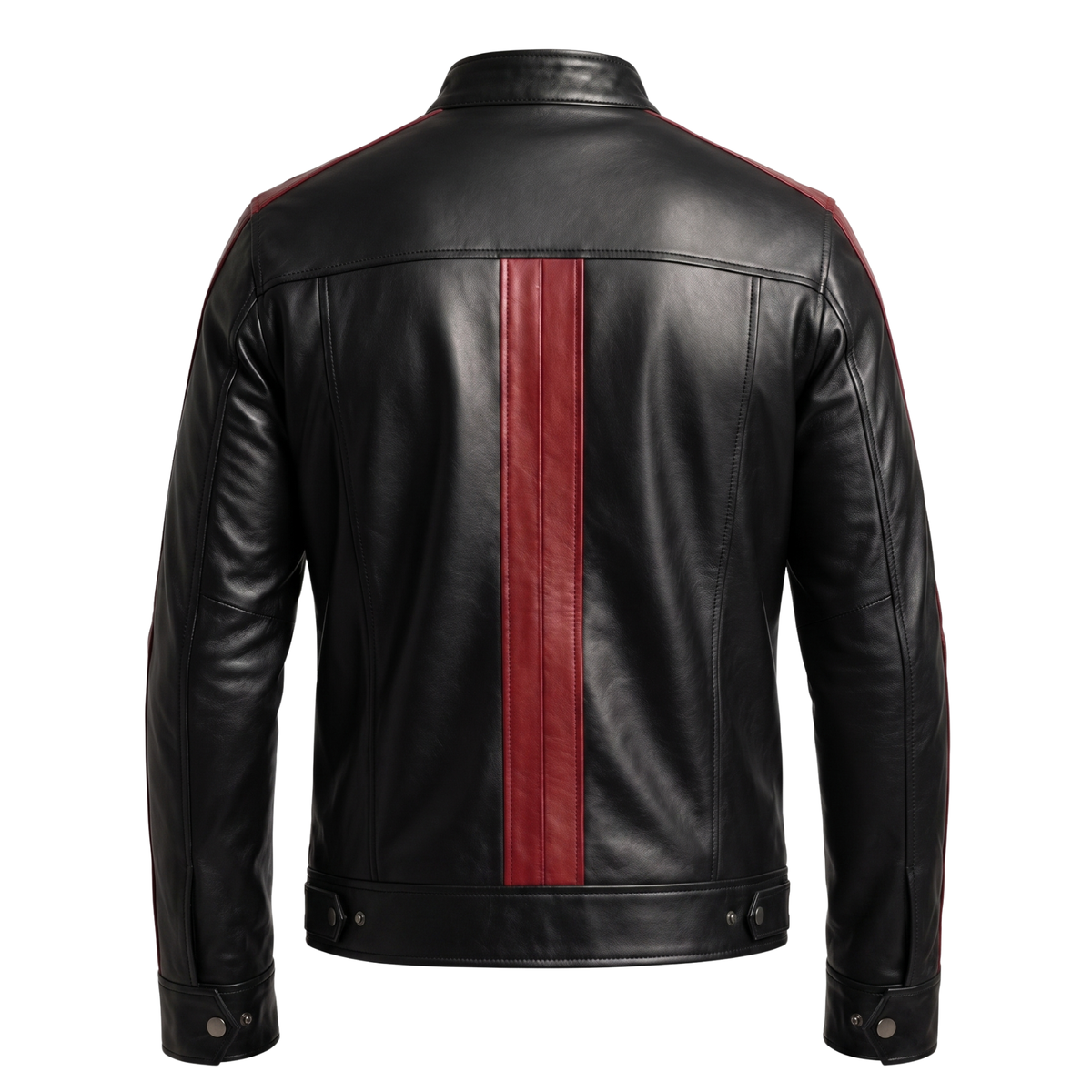 Men's Vintage Black Leather Cafe Racer Jacket | Classic Biker Coat with Red Stripes