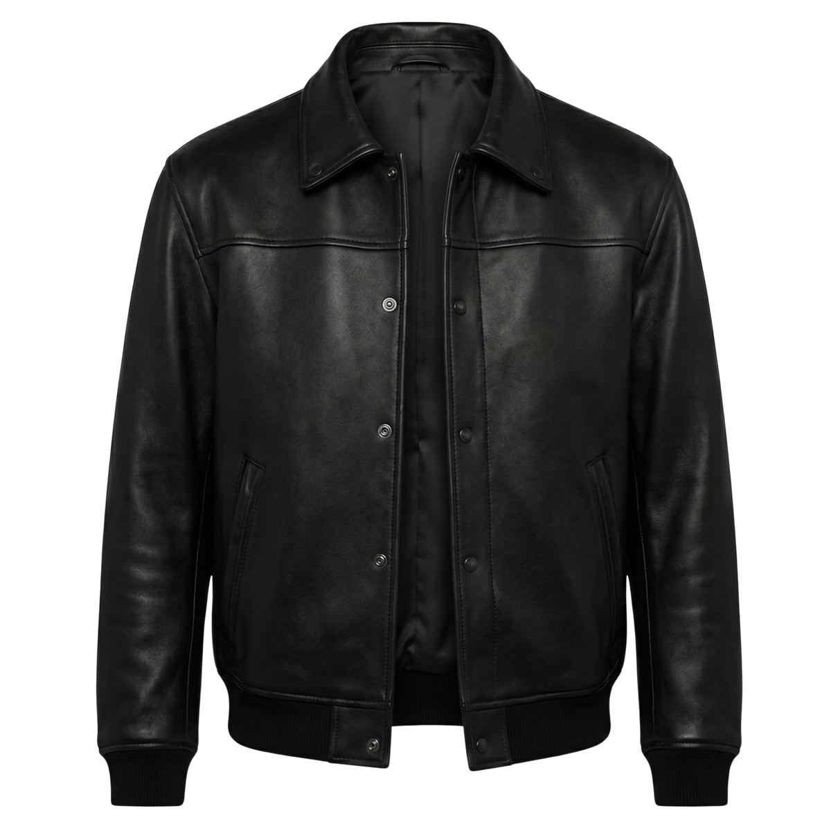 Men's Classic Black Leather Bomber Jacket | Vintage Aviator Snap-Button Coat