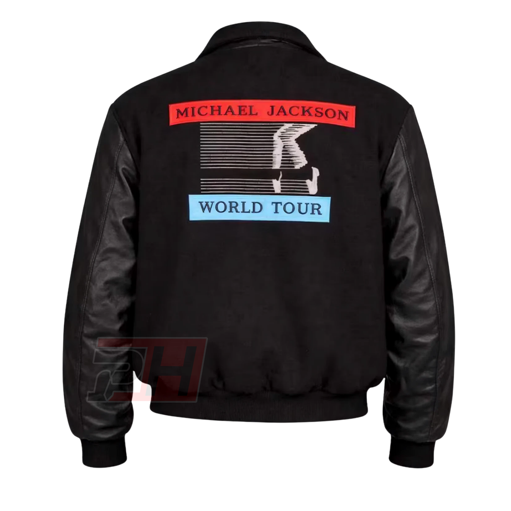 Men's Retro 80s Pop Star Tour Varsity Jacket | Black Leather Sleeve Bomber | Dancer Silhouette Letterman Coat | Vintage Pop Icon Apparel