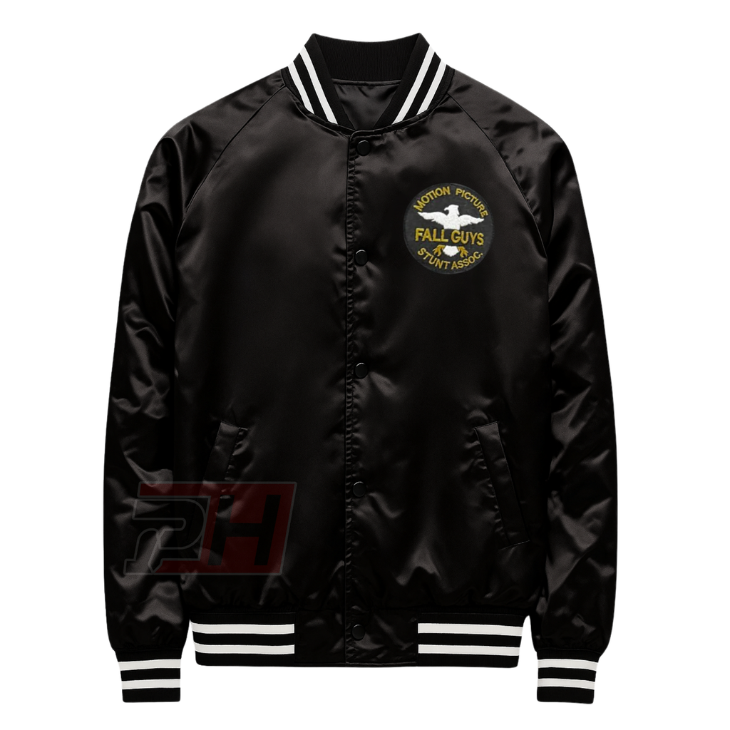 Men's Fall Guy Black Satin Bomber Jacket | Stuntman Cosplay Costume | Vintage Varsity Letterman Coat | Action Movie Fan Apparel