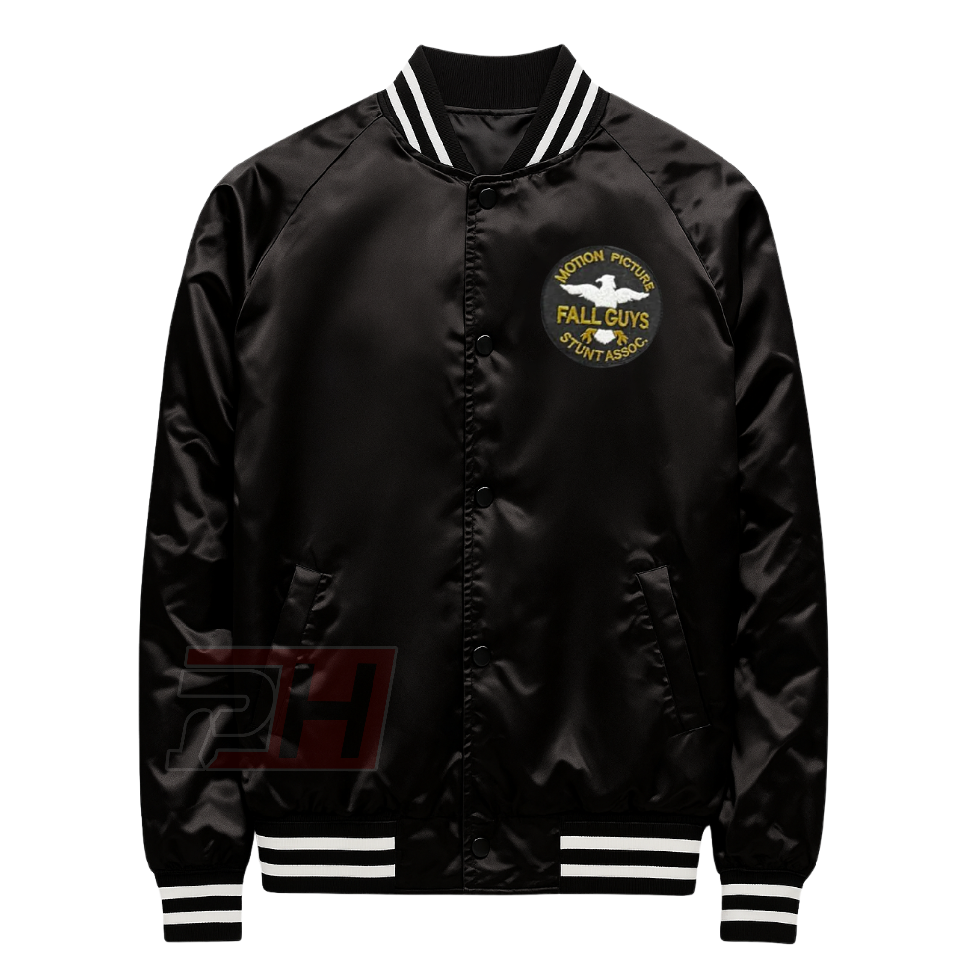 Men's Fall Guy Black Satin Bomber Jacket | Stuntman Cosplay Costume | Vintage Varsity Letterman Coat | Action Movie Fan Apparel