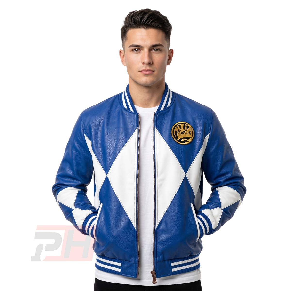 Men's Billy Cranston Blue Ranger Leather Jacket | 90s Triceratops Cosplay Varsity Coat