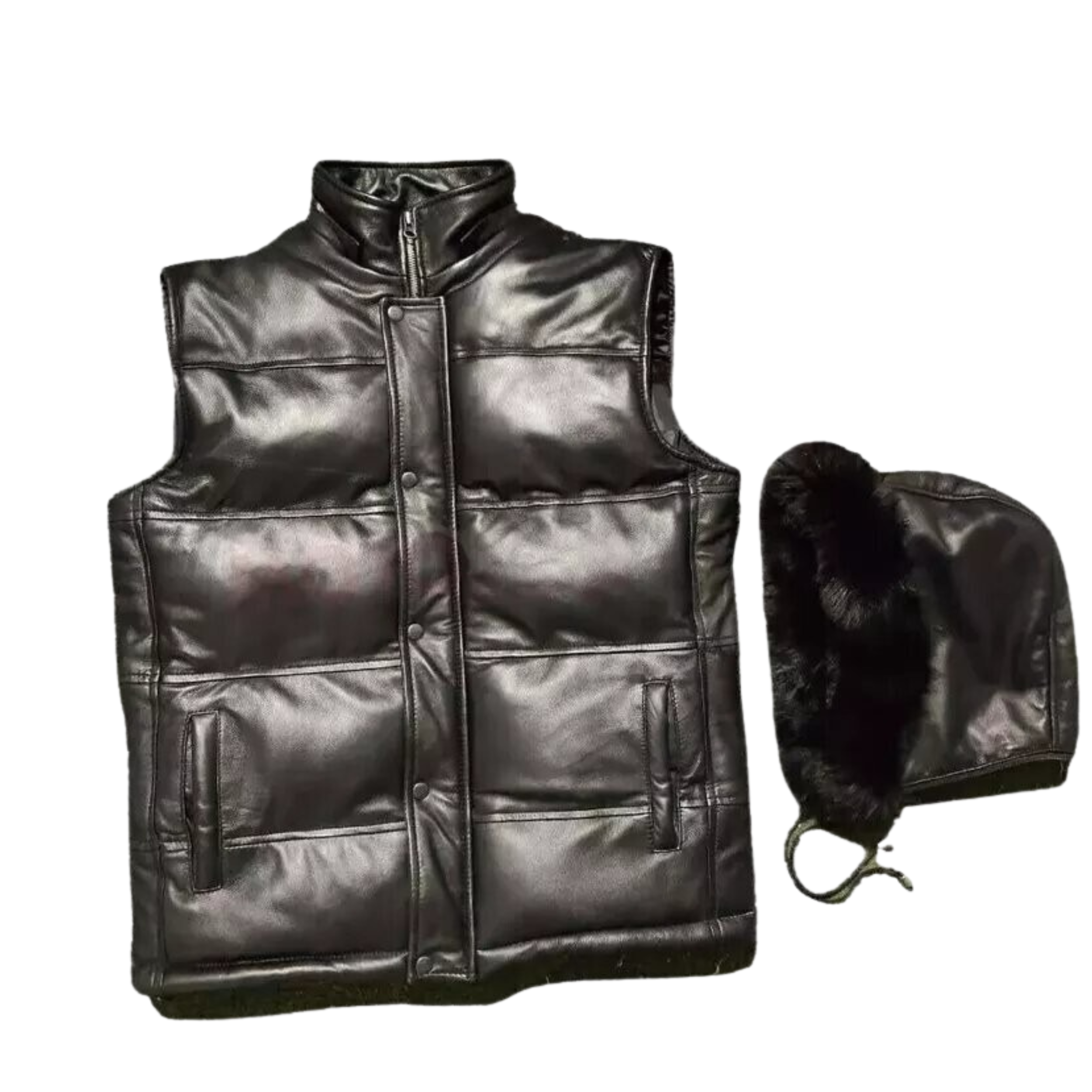 Men's Black Leather Puffer Vest | Hooded Sleeveless Winter Jacket